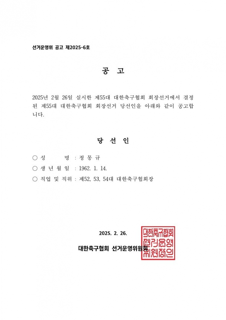 官方:鄭夢奎第四次當(dāng)選韓國足協(xié)主席